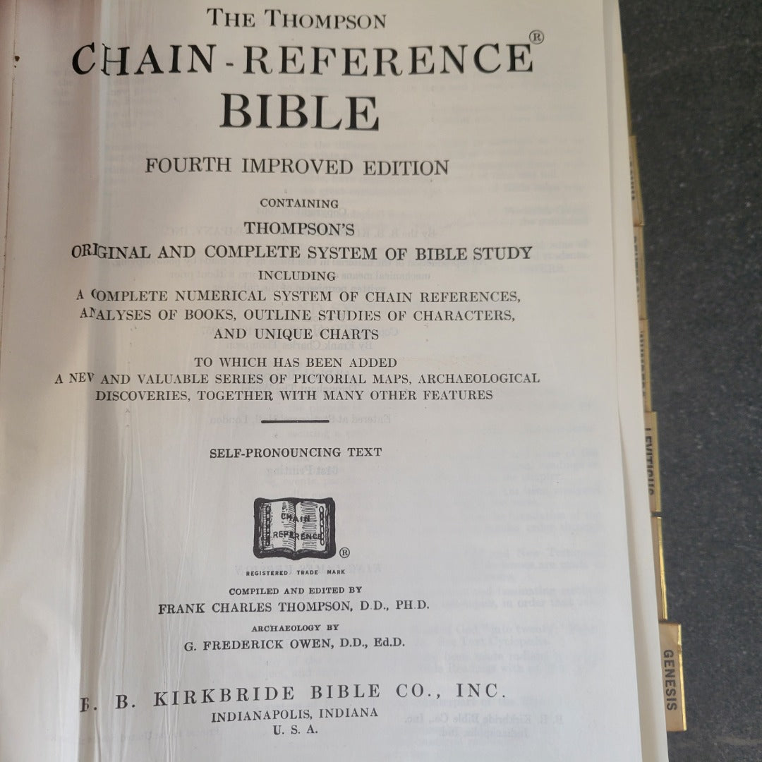 CHAIN REFERENCE BIBLE Thompson BB Kirkbridge Bible Co with tabs 1957