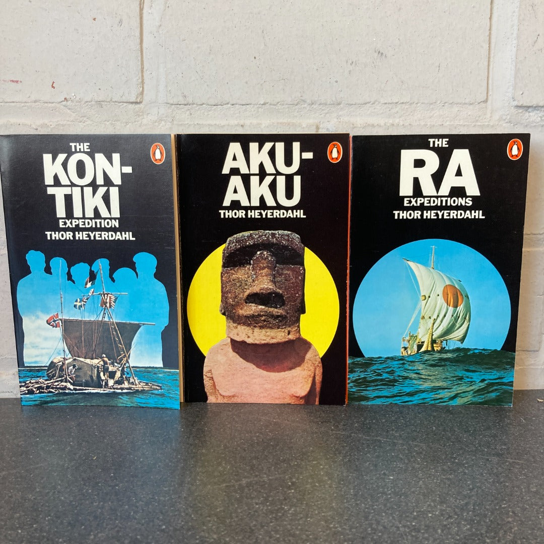 Thor Heyerdahl Kon-Tiki/Ra/Aku-Aku Penguin 3 Book Set Travel Archaelogy